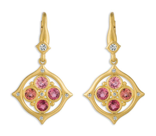 Gold and Pink Sapphire And Diamond Earrings
